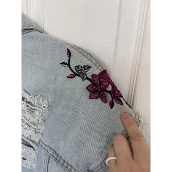 36Point5 Women’s Customized Denim Jacket Medium Roses Skull Lace Up Distressed - Picture 10 of 11